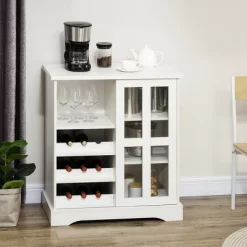 HOMCOM Modern Buffet Cabinet With Sliding Door, Wine Bar Cabinet With Storage, Kitchen/Dining Room Storage Cabinet With Shelves, White