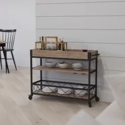 Merrick Lane Rolling Kitchen Serving And Bar Cart With Shelves And Wine Glass Holders In Distressed Light Oak Wood And Black Iron -Home Style Deals Store GUEST 91125ef7 6b0b 4bd0 83bb 09906307ef46