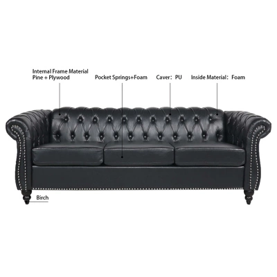 84.65" Chesterfield Rolled Arm 3 Seater Upholstered Sofa, Tufted Sofa Couch-ModernLuxe 3 84.65" Chesterfield Rolled Arm 3 Seater Upholstered Sofa, Tufted Sofa Couch-ModernLuxe - Image 3