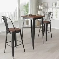 Merrick Lane Modern 23.5" Square Metal Table With Rustic Wood Top For Indoor Use