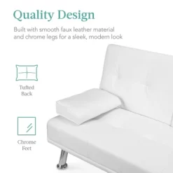 Best Choice Products Modern Faux Leather Convertible Futon Sofa W/ Removable Armrests, Metal Legs, 2 Cupholders - White -Home Style Deals Store GUEST 9e717f59 c899 43a7 aa7c e998c6ba72ad