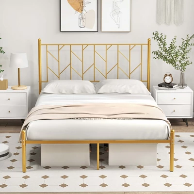 Costway Full/Queen/Twin Size Metal Platform Bed Frame Vintage Headboard Mattress Foundation Gold 1 Costway Full/Queen/Twin Size Metal Platform Bed Frame Vintage Headboard Mattress Foundation Gold