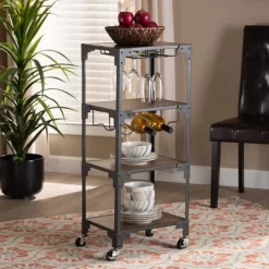 4 Tier Victor Wood And Metal Mobile Wine Cart Walnut/Black - Baxton Studio -Home Style Deals Store GUEST a3e46ee2 fb12 4a86 8b54 cbc369d1975a