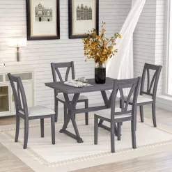 Mid-Century Wood 5-Piece Dining Table Set With 4 Upholstered Dining Chairs-ModernLuxe -Home Style Deals Store GUEST ab7e1f01 d123 445f bef4 37ca03110ca7
