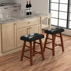 Costway Set Of 2 Upholstered Barstools 24''/29'' Backless Rubberwood Dining Chairs Black&Brown