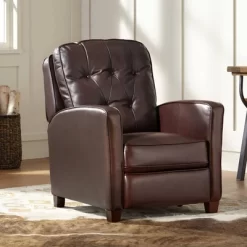 Elm Lane Livorno Chocolate Genuine Leather Recliner Chair Modern Armchair Comfortable Push Manual Reclining Footrest Tufted For Bedroom Living Room
