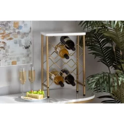 Ramona Metal Wine Rack With Faux Marble Tabletop Gold - Baxton Studio -Home Style Deals Store GUEST b43c5626 6ec6 4440 95ee ec6c375afe99