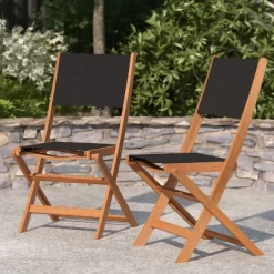 Merrick Lane Set Of 2 Indoor/Outdoor Acacia Wood Folding Patio Bistro Chairs With Black Textilene Mesh Back And Seat, Natural -Home Style Deals Store GUEST bad785f2 9a41 4094 a439 b14ac705e0ee