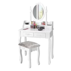 Costway Vanity Wood Makeup Dressing Table Stool Jewelry Desk 4 White -Home Style Deals Store GUEST bb5aad39 d9fc 41e5 bdd5 d493d550e673