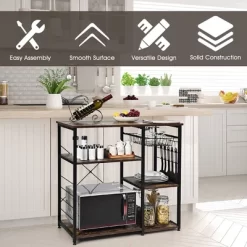 Costway Industrial Kitchen Baker's Rack Microwave Stand Utility Storage Shelf W/ 6 Hooks Steel Black -Home Style Deals Store GUEST bc357fce 1955 4b57 8547 00224f3d8f9d