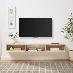 Modern Boho Floating TV Stand For TVs Up To 80" With Rattan Doors Coastal Oak - Saracina Home -Home Style Deals Store GUEST bdcb8965 2ebd 49d4 815a d3cfdbcfb1e9