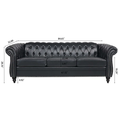 84.65" Chesterfield Rolled Arm 3 Seater Upholstered Sofa, Tufted Sofa Couch-ModernLuxe 2 84.65" Chesterfield Rolled Arm 3 Seater Upholstered Sofa, Tufted Sofa Couch-ModernLuxe - Image 2