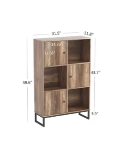Year Color 3 Tier Free-Standing Modern Open Brown Wood Narrow Bookcase With Doors, Legs And 2X3 Cube Storage Organizer For Office Or Library
