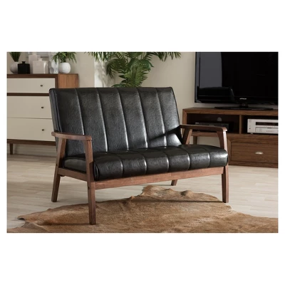Nikko Mid-Century Modern Scandinavian Style Faux Leather Wooden 2 Seater Loveseat - Baxton Studio 3 Nikko Mid-Century Modern Scandinavian Style Faux Leather Wooden 2 Seater Loveseat - Baxton Studio - Image 3