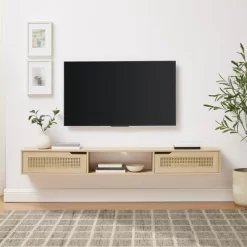 Modern Boho Floating TV Stand For TVs Up To 80" With Rattan Doors Coastal Oak - Saracina Home -Home Style Deals Store GUEST cdeb4d3e c8db 482f bceb 3f6259779594