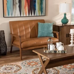 Nikko Mid-Century Faux Leather Upholstered Wood Loveseat Walnut/Brown - Baxton Studio -Home Style Deals Store GUEST d1496ae9 9e7b 4c99 a39c b224c1b080f8