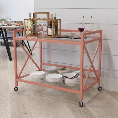 Merrick Lane Rolling Bar Cart Contemporary Kitchen Serving Cart With Mirrored Bottom Shelf And Crisscross Rose Gold Metal Frame 2 Merrick Lane Rolling Bar Cart Contemporary Kitchen Serving Cart With Mirrored Bottom Shelf And Crisscross Rose Gold Metal Frame - Image 2