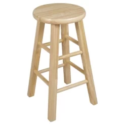 PJ Wood Round-Seat 24 Inch Tall Kitchen Counter Stools For Homes, Dining Spaces, And Bars With Backless Seats, 4 Square Legs, Natural, Set Of 2