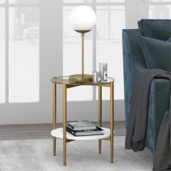 Mid-Century Brass Metal Round Side Table With White Lacquer Shelf - Henn&Hart -Home Style Deals Store GUEST d415e111 cffe 46f7 815c eecc1023c774