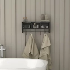 Emma And Oliver Rustic Country Wall Mounted Shelf With 5 Adjustable Sliding Hooks And Three Wire Storage Baskets -Home Style Deals Store GUEST d6031d16 bd73 44e2 97c9 28fda2b0b7c2