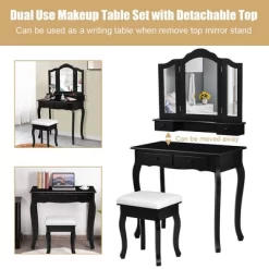 Costway Vanity Makeup Dressing Table Set W/Stool 4 Drawer&Mirror Jewelry Wood Desk Black -Home Style Deals Store GUEST d999651d 9c02 4c57 9da3 72023f944092