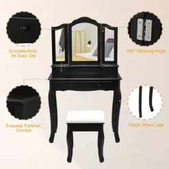 Costway Vanity Makeup Dressing Table Set W/Stool 4 Drawer&Mirror Jewelry Wood Desk Black -Home Style Deals Store GUEST db63acb7 9f60 4e96 9f19 4db3fc6ece25