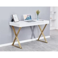 Modern Stainless Steel Frame Computer Desk - Gold High Gloss - Best Master Furniture