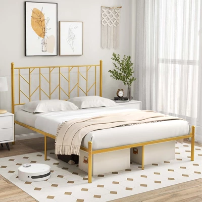 Costway Full/Queen/Twin Size Metal Platform Bed Frame Vintage Headboard Mattress Foundation Gold 9 Costway Full/Queen/Twin Size Metal Platform Bed Frame Vintage Headboard Mattress Foundation Gold - Image 9