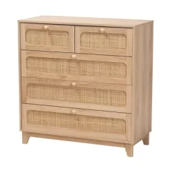 Elsbeth Wood And Natural Rattan 5 Drawer Storage Cabinet Oak Brown/Natural Brown - Baxton Studio