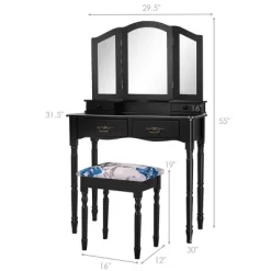 Costway Black Tri Folding Mirror Vanity Makeup Table Stool 4 Drawers -Home Style Deals Store GUEST ede71e21 bf9d 4120 b9c3 584c77452b64