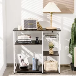 Costway Industrial Kitchen Baker's Rack Microwave Stand Utility Home Shelf W/ 6 Hooks