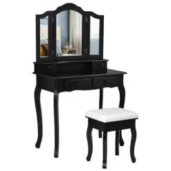 Costway Vanity Makeup Dressing Table Set W/Stool 4 Drawer&Mirror Jewelry Wood Desk Black -Home Style Deals Store GUEST f465c08c 186f 40f7 b96d 94f3bcd5e3c6