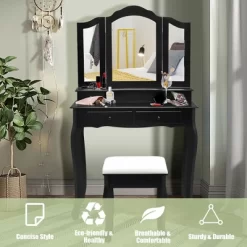 Costway Vanity Makeup Dressing Table Set W/Stool 4 Drawer&Mirror Jewelry Wood Desk Black -Home Style Deals Store GUEST f9169438 b43c 413e a694 bc0b3179f5e2