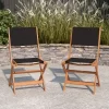 Merrick Lane Set Of 2 Indoor/Outdoor Acacia Wood Folding Patio Bistro Chairs With Black Textilene Mesh Back And Seat, Natural